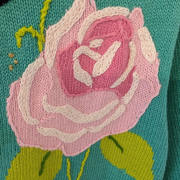 Sweater Teal Black Pink Rose Buttons And Rose And Gold Design Size S - Picture 6 of 7